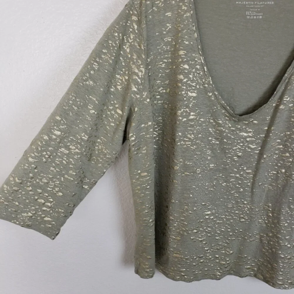 Majestic Filatures Stretch Linen Metallic Novelty 3/4-Sleeve Blouse Top size L